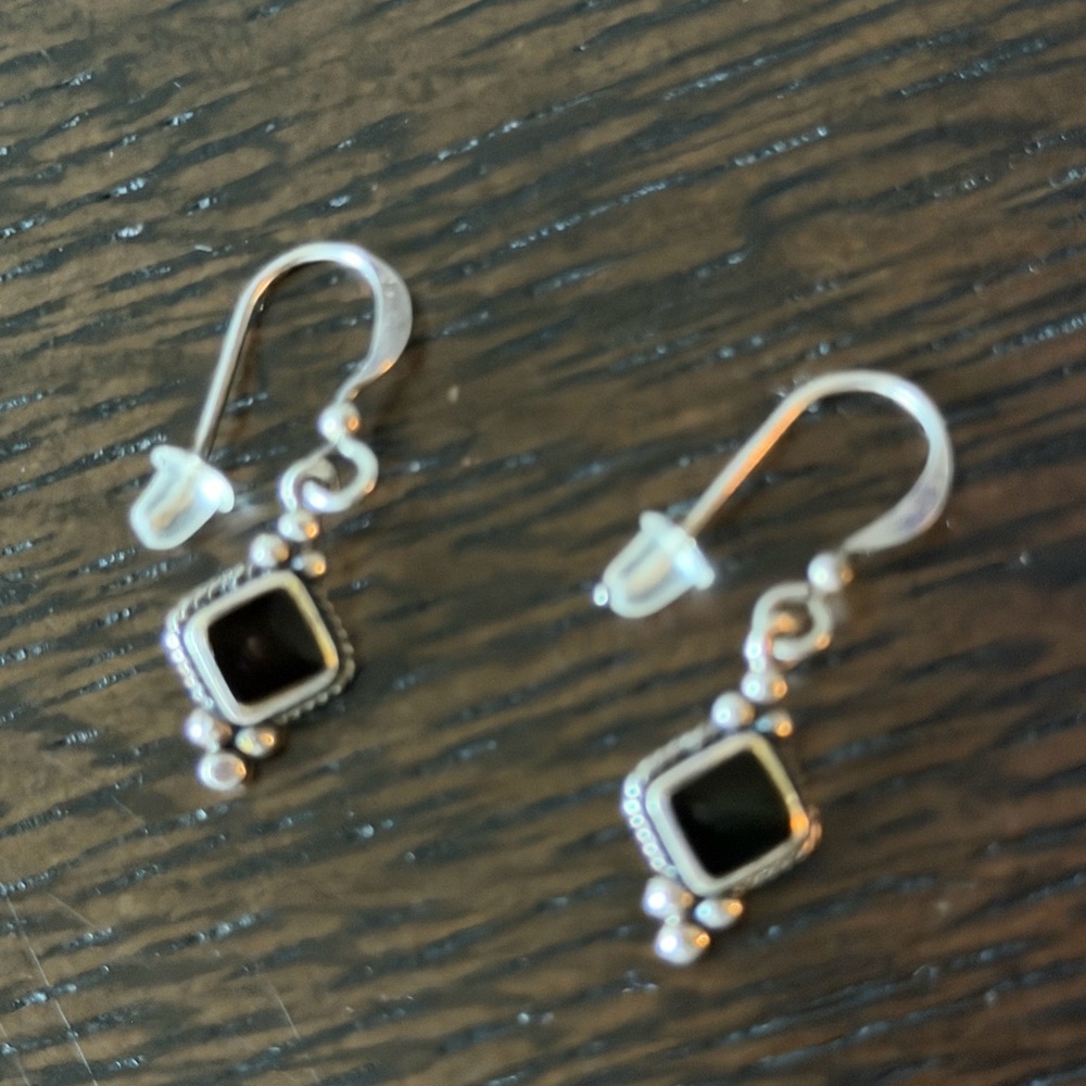 Sterling 925 Silver Black Stone Dangle Earrings - Women Jewelry